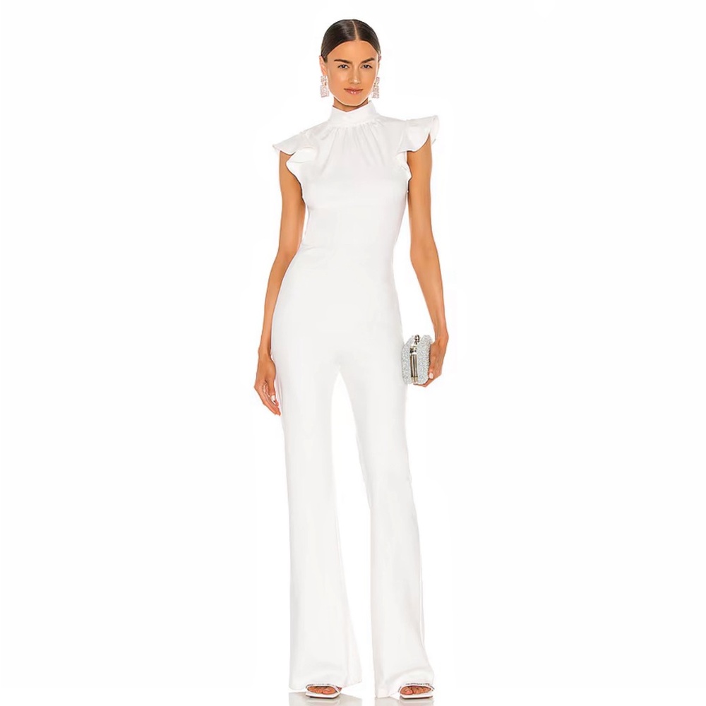 Amanda Uprichard White High-Neck Ruffled Sleeve Jumpsuit